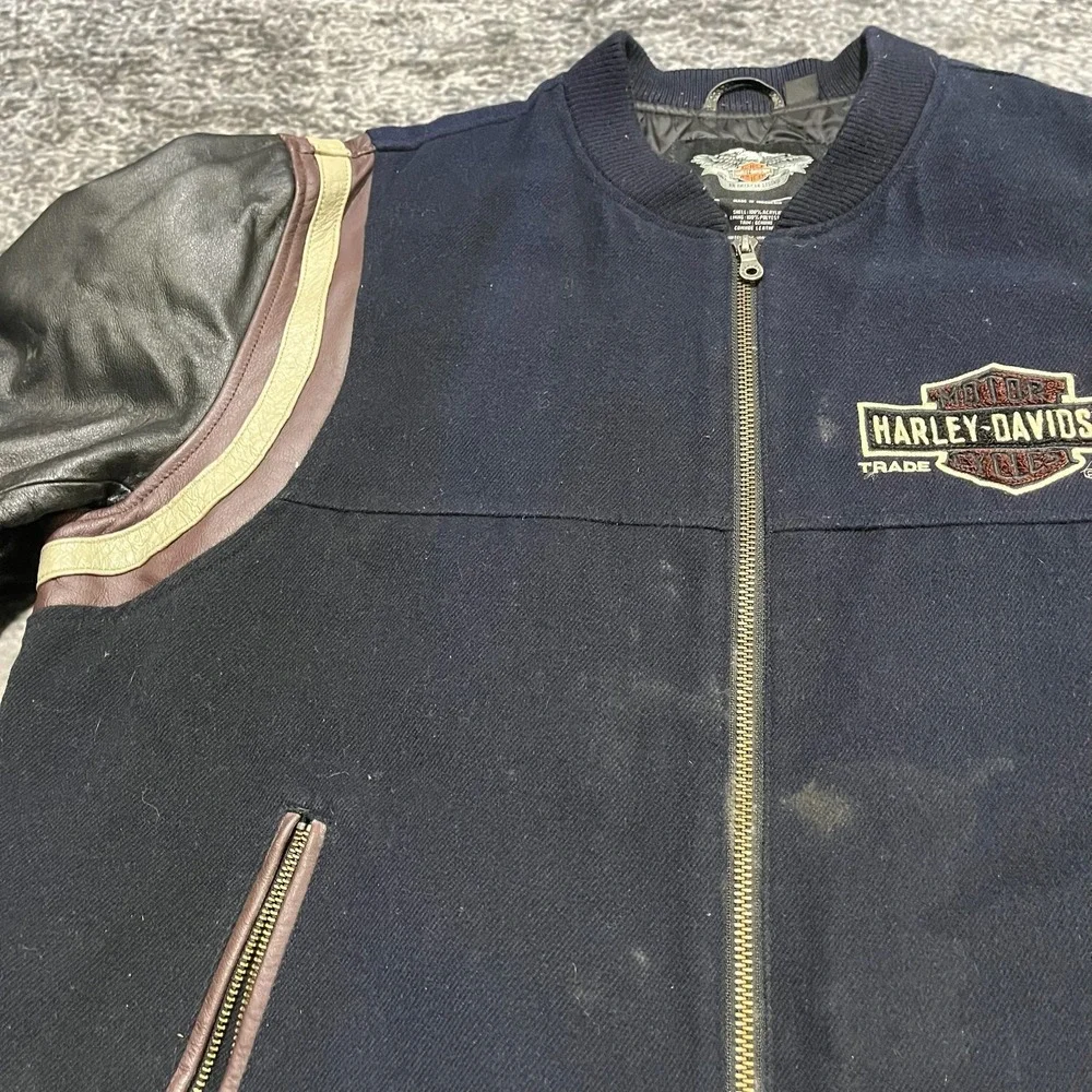 VTG Harley Davidson Leather Varsity‎ Bomber Jacket XL Navy Blue Embroidered Logo